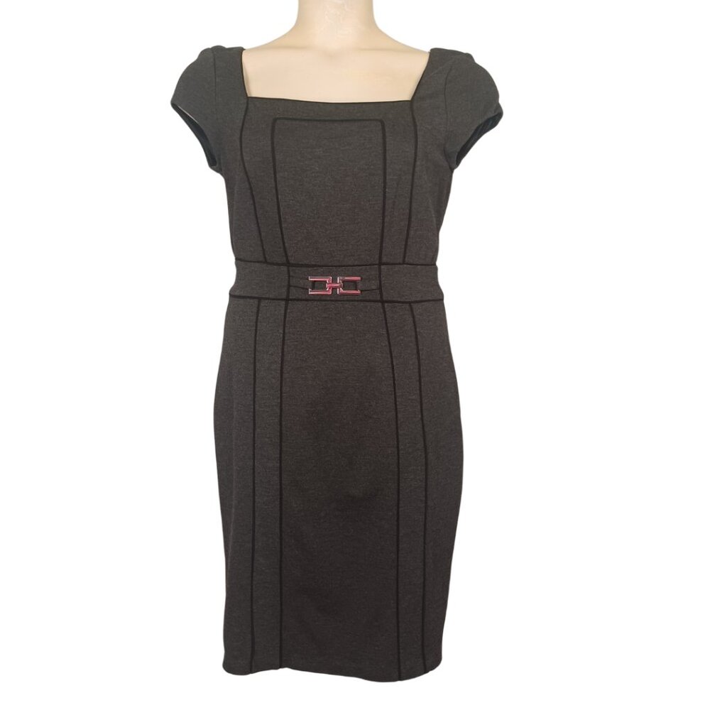 WHITE HOUSE BLACK MARKET Sheath Dress Gray Cap Sleeve Black Print Career 10 M